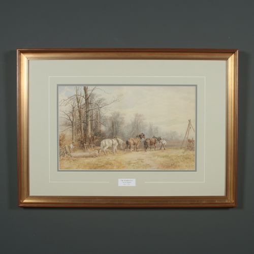 Antique English Victorian Watercolour Painting Picture of Working Farm Horses by Walter Henry Pigott (Circa 1882)