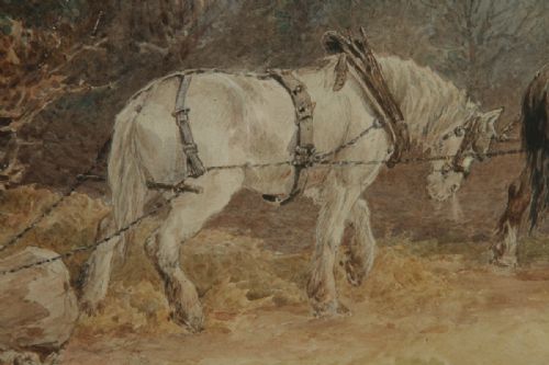 fig 7. Antique English Victorian Watercolour Painting Picture of Working Farm Horses by Walter Henry Pigott (Circa 1882)