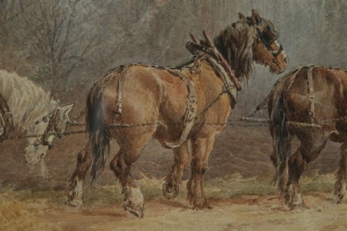 fig 8. Antique English Victorian Watercolour Painting Picture of Working Farm Horses by Walter Henry Pigott (Circa 1882)