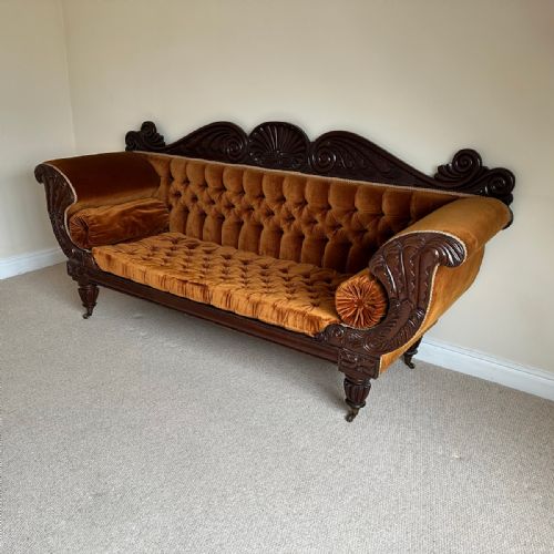 Antique English William IV Mahogany Upholstered Double Scroll End Sofa Couch Settee (Circa 1835)