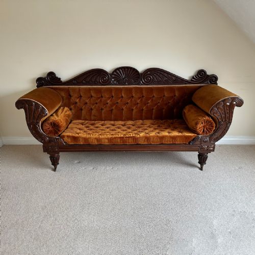 fig 1. Antique English William IV Mahogany Upholstered Double Scroll End Sofa Couch Settee (Circa 1835)