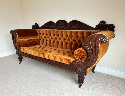 fig 3. Antique English William IV Mahogany Upholstered Double Scroll End Sofa Couch Settee (Circa 1835)