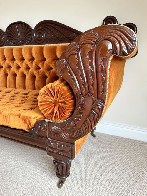 fig 6. Antique English William IV Mahogany Upholstered Double Scroll End Sofa Couch Settee (Circa 1835)