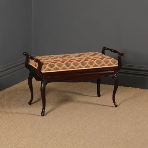 Antique English Victorian Rococo Mahogany Upholstered Piano / Music / Duet Stool (Circa 1880)