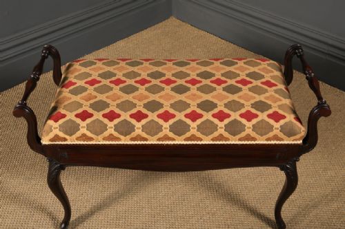 fig 1. Antique English Victorian Rococo Mahogany Upholstered Piano / Music / Duet Stool (Circa 1880)