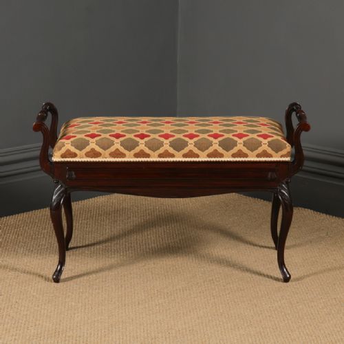 fig 2. Antique English Victorian Rococo Mahogany Upholstered Piano / Music / Duet Stool (Circa 1880)