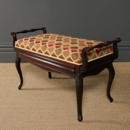 fig 4. Antique English Victorian Rococo Mahogany Upholstered Piano / Music / Duet Stool (Circa 1880)