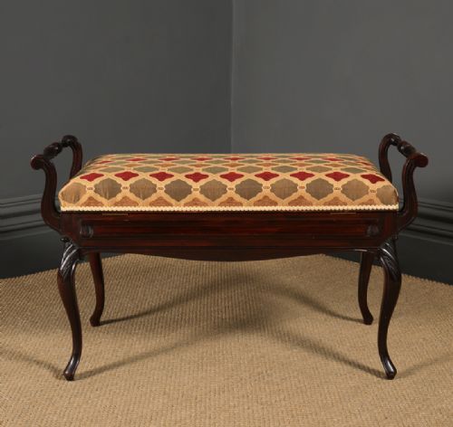 fig 5. Antique English Victorian Rococo Mahogany Upholstered Piano / Music / Duet Stool (Circa 1880)