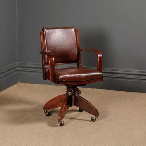 English Art Deco Oak & Leather Revolving Office Desk Arm Chair (Circa 1935)