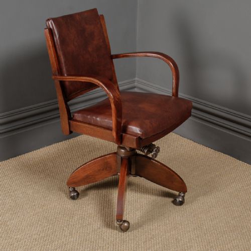 fig 2. English Art Deco Oak & Leather Revolving Office Desk Arm Chair (Circa 1935)