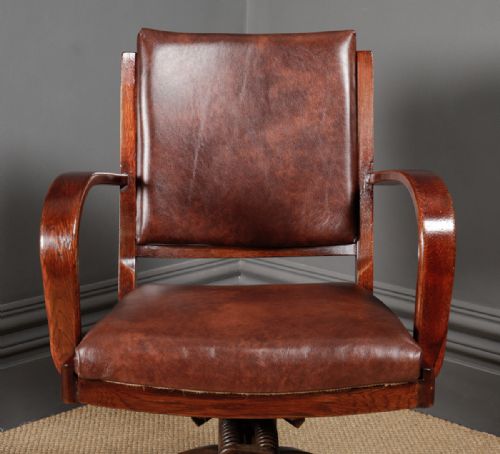 fig 3. English Art Deco Oak & Leather Revolving Office Desk Arm Chair (Circa 1935)