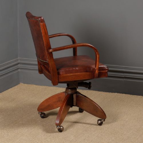 fig 4. English Art Deco Oak & Leather Revolving Office Desk Arm Chair (Circa 1935)