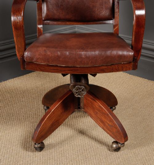 fig 6. English Art Deco Oak & Leather Revolving Office Desk Arm Chair (Circa 1935)