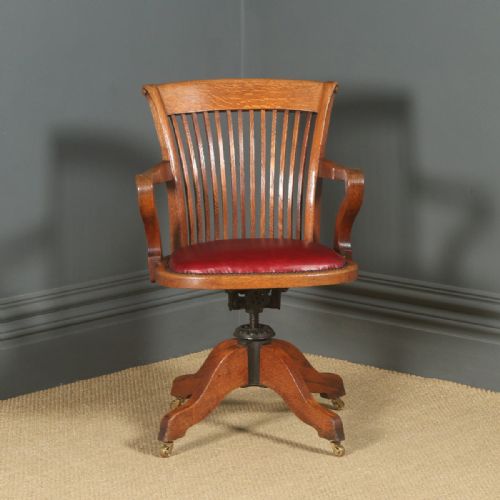 fig 1. Antique English Edwardian Oak & Red Leather Revolving Office Desk Arm Chair (Circa 1910)