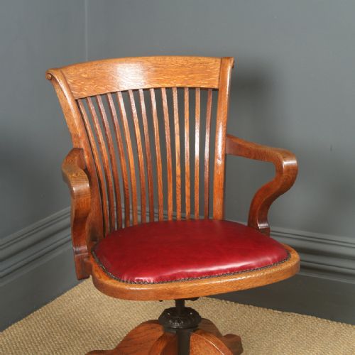 fig 2. Antique English Edwardian Oak & Red Leather Revolving Office Desk Arm Chair (Circa 1910)