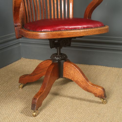 fig 3. Antique English Edwardian Oak & Red Leather Revolving Office Desk Arm Chair (Circa 1910)