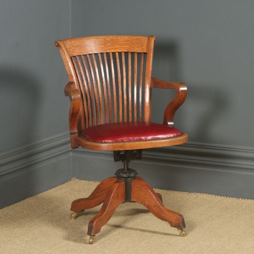 fig 4. Antique English Edwardian Oak & Red Leather Revolving Office Desk Arm Chair (Circa 1910)