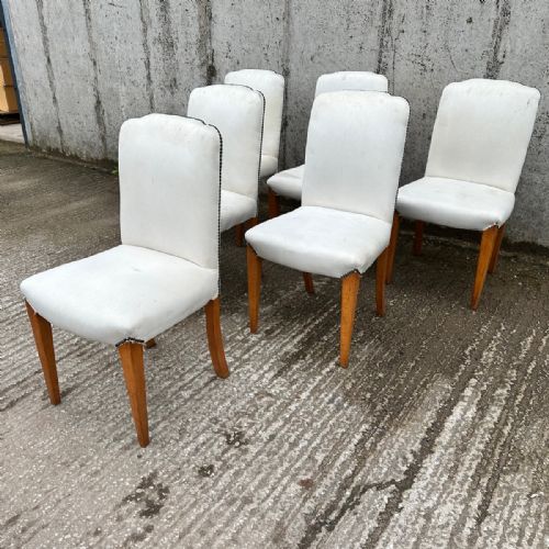 fig 1. Antique English Art Deco Epstein Set of Six 6 Walnut Upholstered Dining Chairs (Circa 1935)