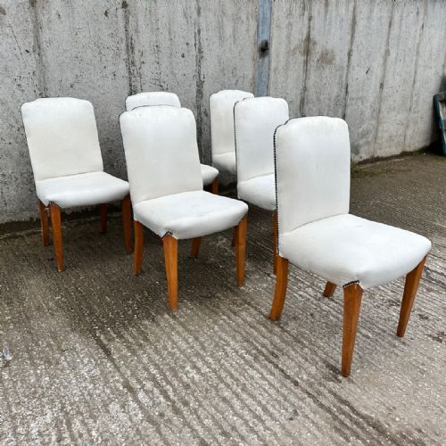 fig 3. Antique English Art Deco Epstein Set of Six 6 Walnut Upholstered Dining Chairs (Circa 1935)