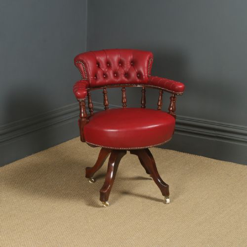 Antique English Victorian Mahogany & Crimson Red Leather Revolving Office Desk Arm Chair (Circa 1890)