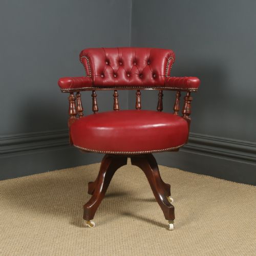 fig 1. Antique English Victorian Mahogany & Crimson Red Leather Revolving Office Desk Arm Chair (Circa 1890)