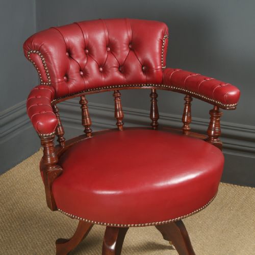 fig 2. Antique English Victorian Mahogany & Crimson Red Leather Revolving Office Desk Arm Chair (Circa 1890)