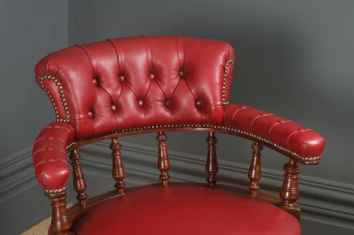 fig 3. Antique English Victorian Mahogany & Crimson Red Leather Revolving Office Desk Arm Chair (Circa 1890)
