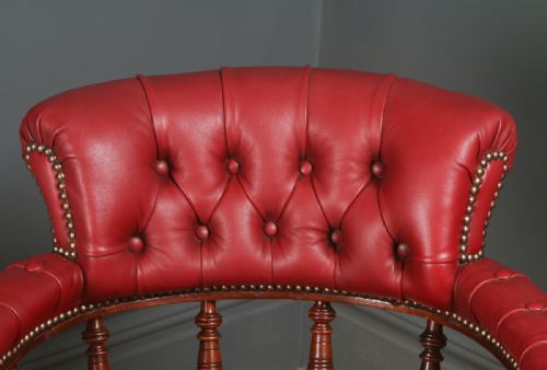 fig 4. Antique English Victorian Mahogany & Crimson Red Leather Revolving Office Desk Arm Chair (Circa 1890)