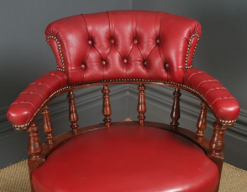 fig 5. Antique English Victorian Mahogany & Crimson Red Leather Revolving Office Desk Arm Chair (Circa 1890)