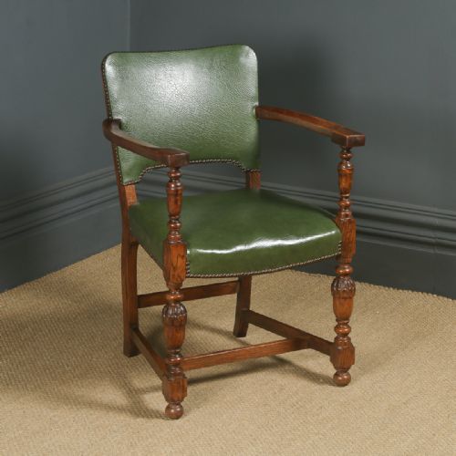Antique English George V Oak Office Desk Elbow Tub Arm Chair (Circa 1925)