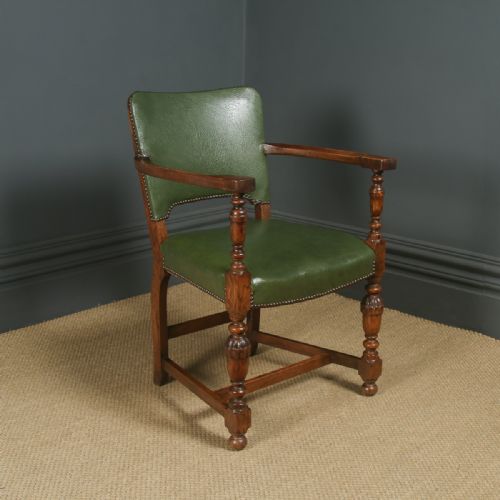 fig 1. Antique English George V Oak Office Desk Elbow Tub Arm Chair (Circa 1925)