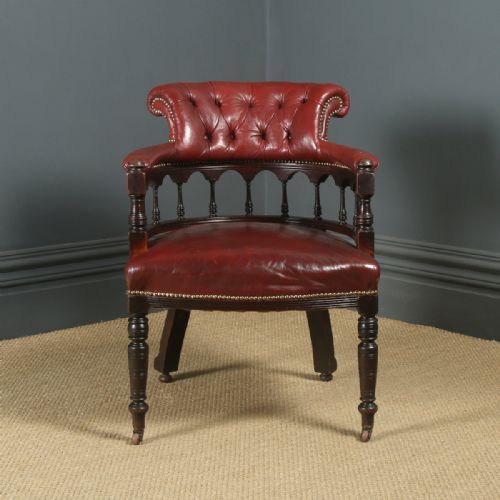 fig 1. Antique English Victorian Walnut Burgundy Red Leather Office Desk Arm Chair (Circa 1880)