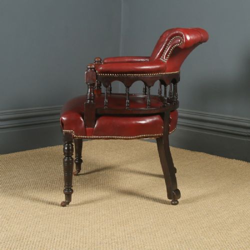 fig 3. Antique English Victorian Walnut Burgundy Red Leather Office Desk Arm Chair (Circa 1880)