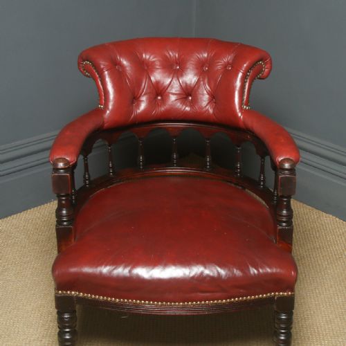 fig 4. Antique English Victorian Walnut Burgundy Red Leather Office Desk Arm Chair (Circa 1880)