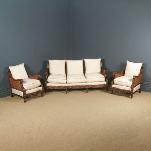 Antique English George V Three Piece Oak & Cane Pale Gold Bergere Couch Settee Sofa Lounge Suite (Circa 1920)