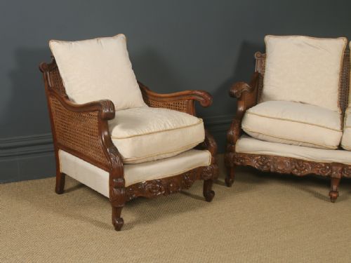 fig 1. Antique English George V Three Piece Oak & Cane Pale Gold Bergere Couch Settee Sofa Lounge Suite (Circa 1920)