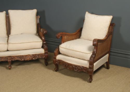 fig 2. Antique English George V Three Piece Oak & Cane Pale Gold Bergere Couch Settee Sofa Lounge Suite (Circa 1920)