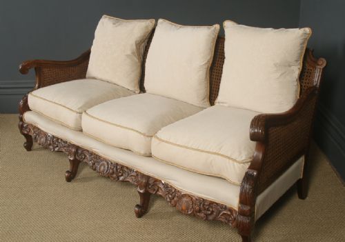 fig 3. Antique English George V Three Piece Oak & Cane Pale Gold Bergere Couch Settee Sofa Lounge Suite (Circa 1920)