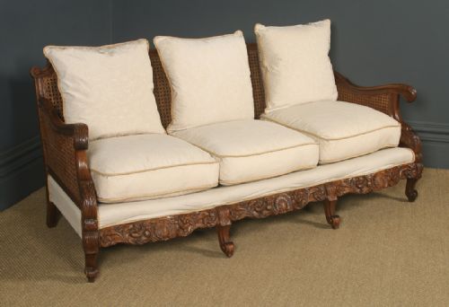 fig 4. Antique English George V Three Piece Oak & Cane Pale Gold Bergere Couch Settee Sofa Lounge Suite (Circa 1920)