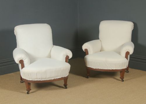 fig 1. Antique English Victorian Pair of Upholstered Oak Howard & Sons Style Chairs / Armchairs (Circa 1880)