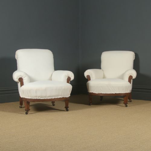 fig 2. Antique English Victorian Pair of Upholstered Oak Howard & Sons Style Chairs / Armchairs (Circa 1880)