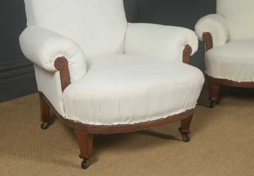 fig 3. Antique English Victorian Pair of Upholstered Oak Howard & Sons Style Chairs / Armchairs (Circa 1880)