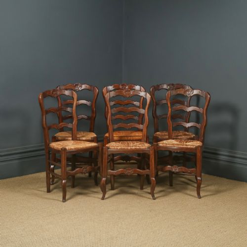Antique French Set of 6 Six Louis XV Style Oak Ladder Back Rush Seat Kitchen Dining Chairs (Circa 1920)