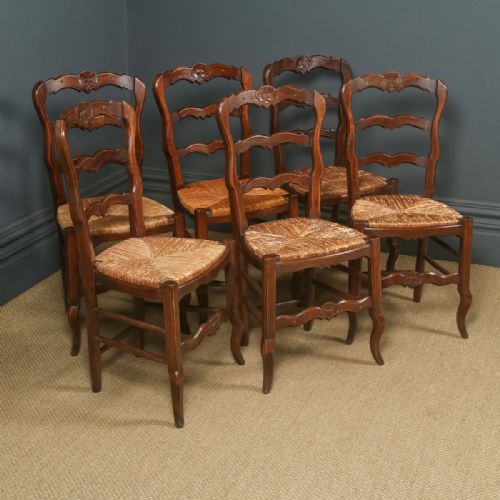 fig 1. Antique French Set of 6 Six Louis XV Style Oak Ladder Back Rush Seat Kitchen Dining Chairs (Circa 1920)