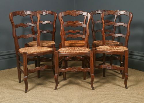 fig 2. Antique French Set of 6 Six Louis XV Style Oak Ladder Back Rush Seat Kitchen Dining Chairs (Circa 1920)