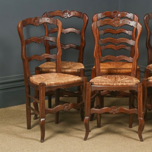 fig 3. Antique French Set of 6 Six Louis XV Style Oak Ladder Back Rush Seat Kitchen Dining Chairs (Circa 1920)