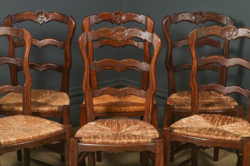 fig 4. Antique French Set of 6 Six Louis XV Style Oak Ladder Back Rush Seat Kitchen Dining Chairs (Circa 1920)