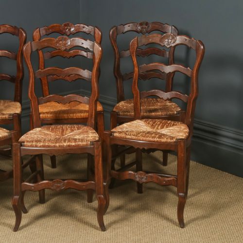 fig 5. Antique French Set of 6 Six Louis XV Style Oak Ladder Back Rush Seat Kitchen Dining Chairs (Circa 1920)