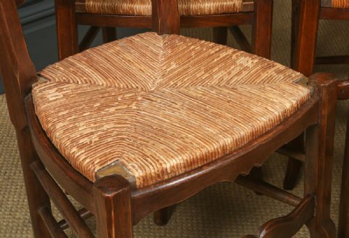fig 6. Antique French Set of 6 Six Louis XV Style Oak Ladder Back Rush Seat Kitchen Dining Chairs (Circa 1920)