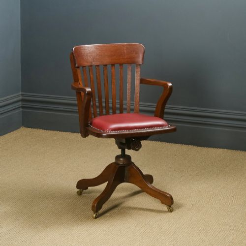 Antique English Edwardian Oak & Red Leather Revolving Office Desk Arm Chair (Circa 1910)